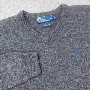 Polo Ralph Lauren 100% Lambswool V Neck Sweater Mens L Gray Italian Yarn Preppy